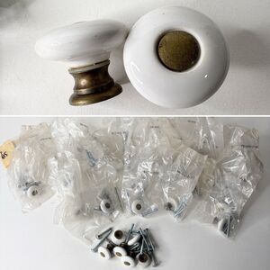 Porcelain White Brass Cupboard Knobs Round Vintage Restoration Hardware 32 qty